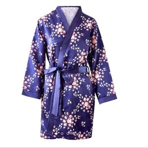 Morgan Lane Fab Fit Fun Allie Robe Blue Floral Print Satin L/XL NWT